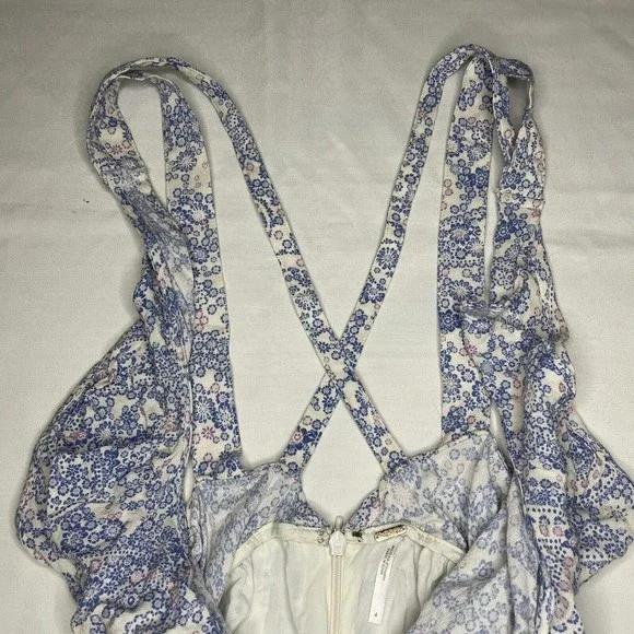 Free People Delfonic Flirty Paisley Romper Size 4 Blue Cross Back Straps Lined - Picture 5 of 12